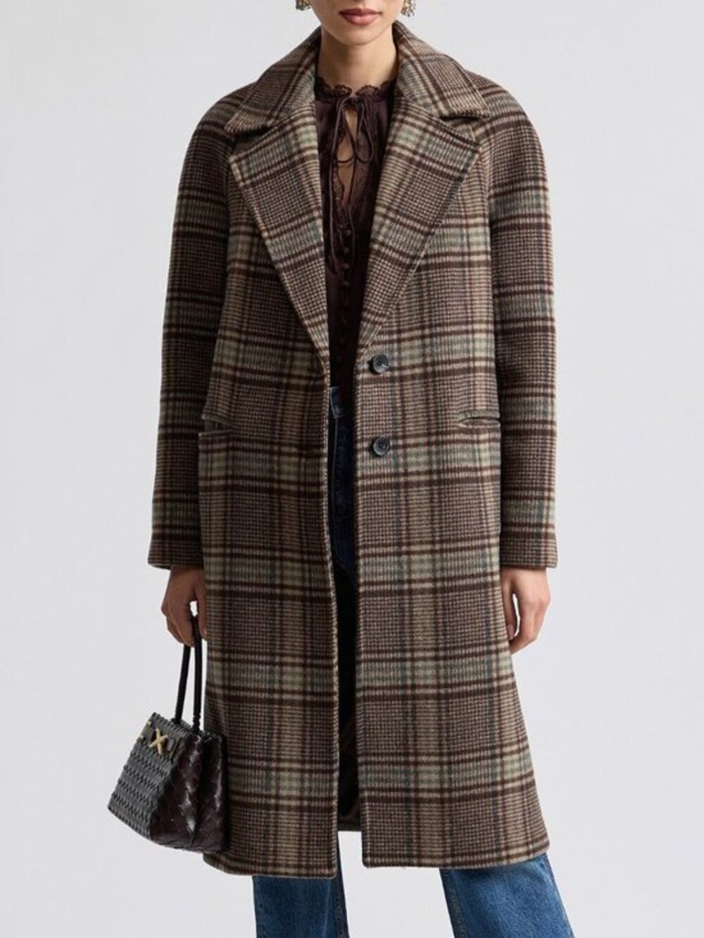 New Avec Les Filles Plaid Walker Coat Brown Green XS